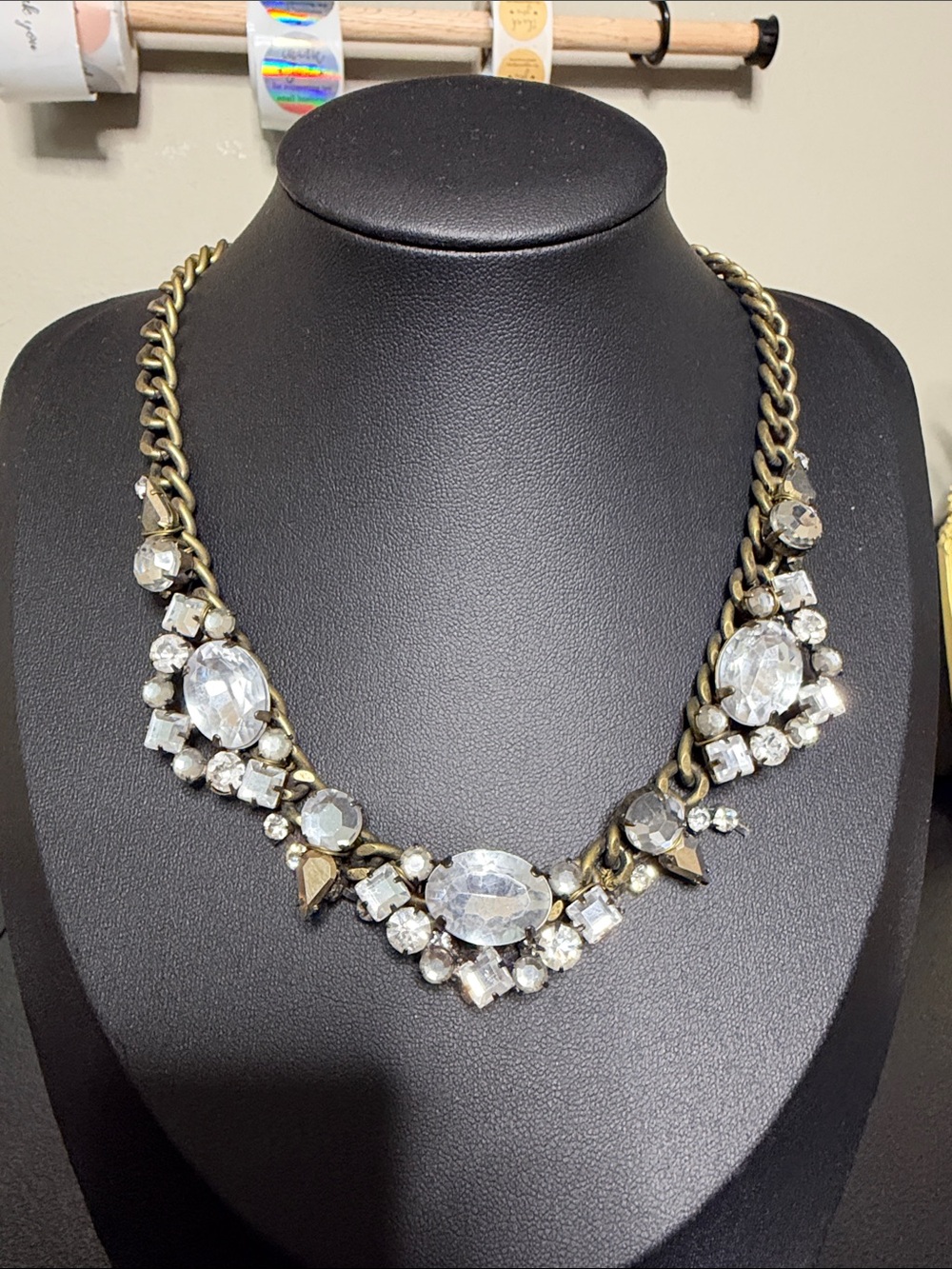 Express Y2K Crystal Statement Necklace - Clear Crystal & Antiqued Gold Tone